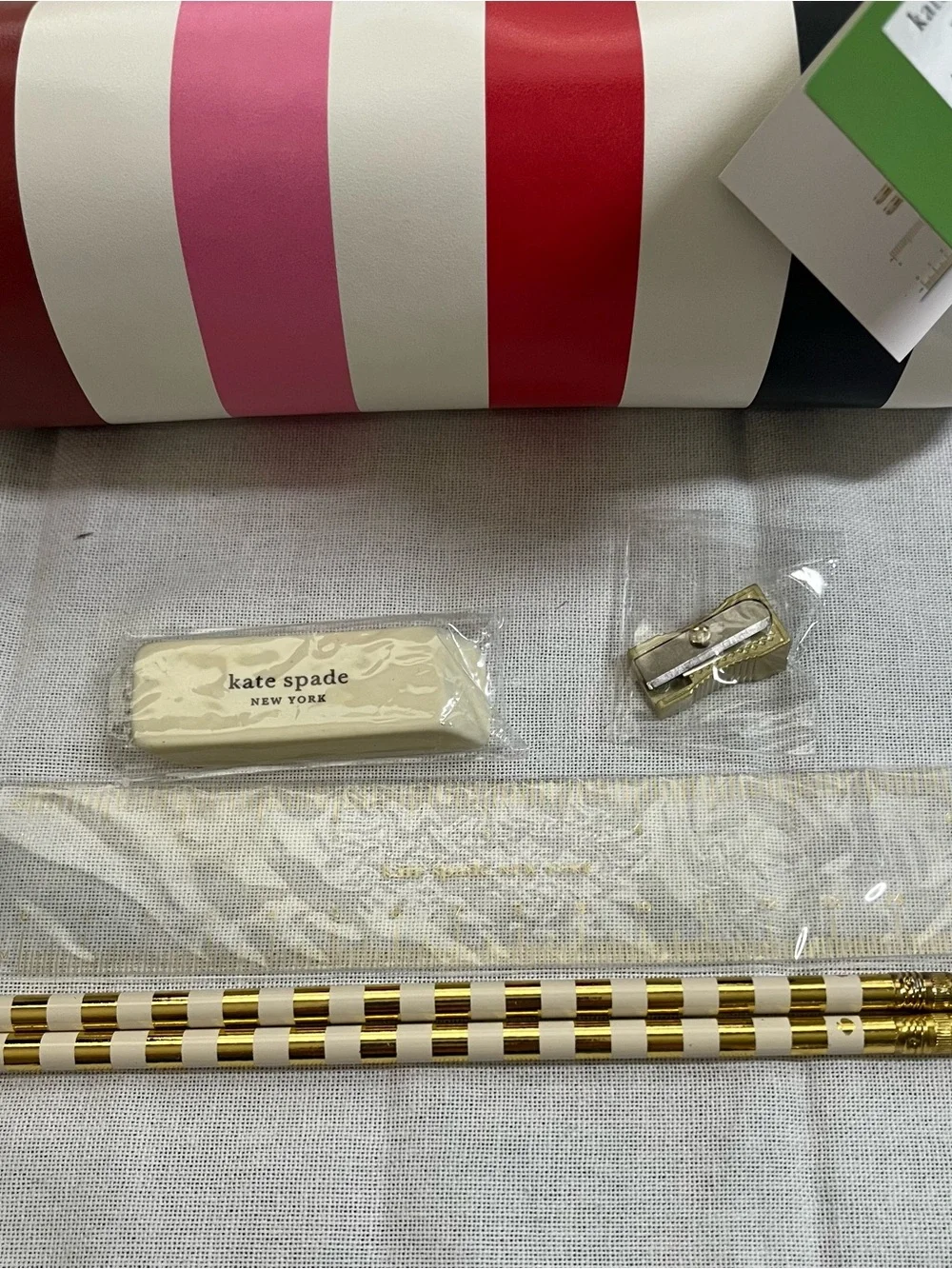 kate spade New York Adventure Stripe Pencil Pouch with Supplies. NWT